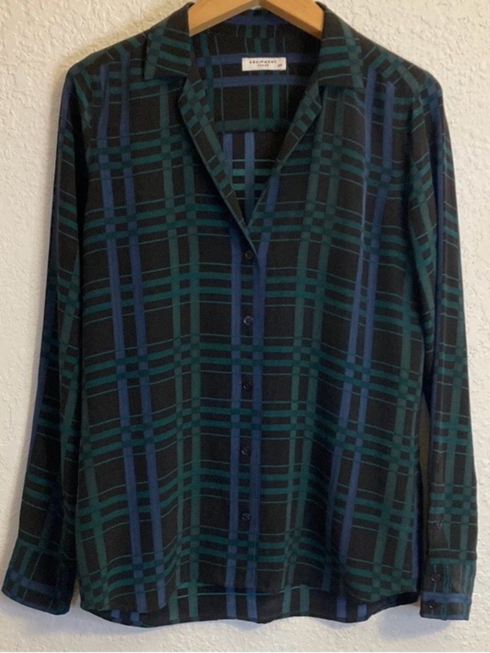 EQUIPMENT SILK Women’s Plaid Button-Up Shirt w/ Blue & Green Stripe. Sz S